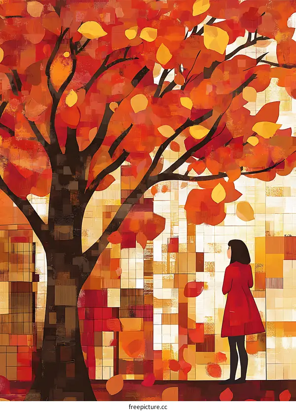 Autumn Leaves and a Woman in Red