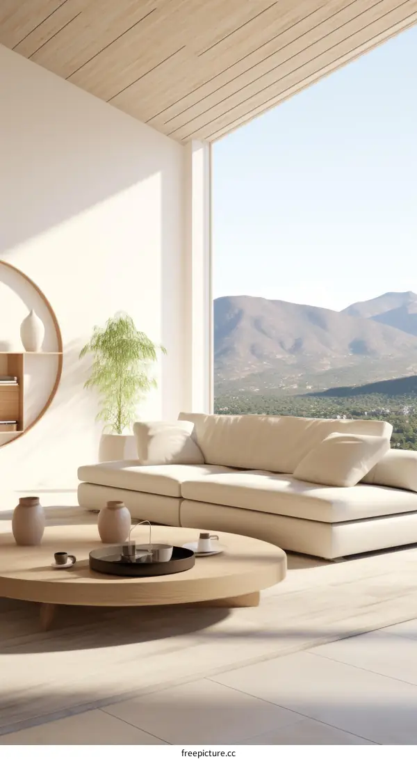 Modern living room interior with large windows and mountain views