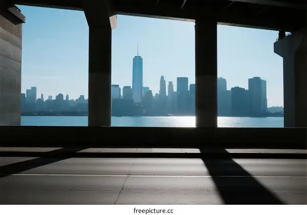 View of city skyline through bridge structure with clear blue sky