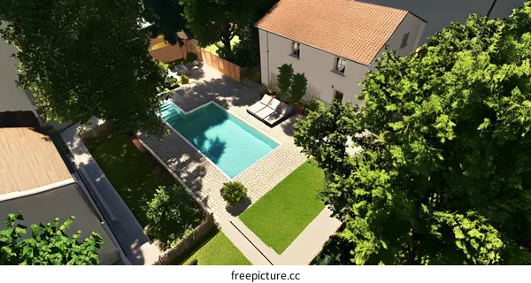 Aerial View of Swimming Pool with Green Trees and White House