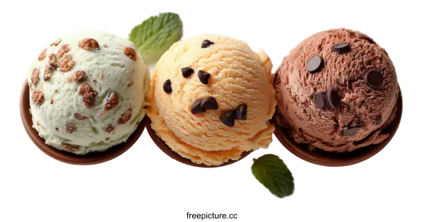 [Transparent Background PNG]Three Scoops of Flavorful Ice Cream with Mint Garnish