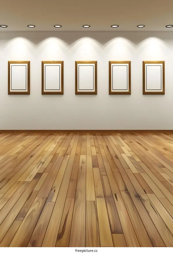 Empty Gallery Room With Wooden Floor and Five Picture Frames
