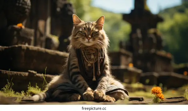 A ginger cat sits on the ground in front of a temple.
