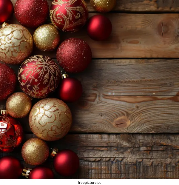 Red and gold Christmas ornaments on a wooden background