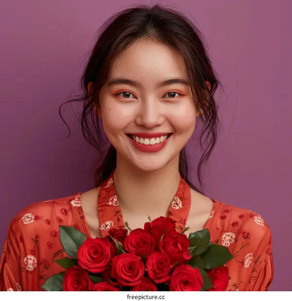 Portrait of happy young Asian woman with red roses bouquet