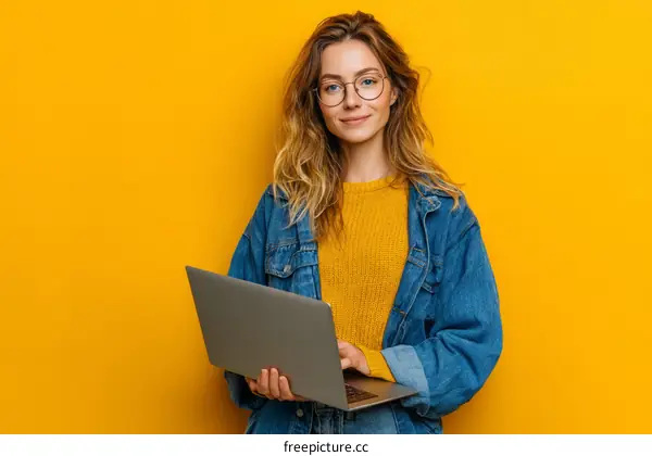 Young Woman Working on a Laptop Against a Bright Yellow Background