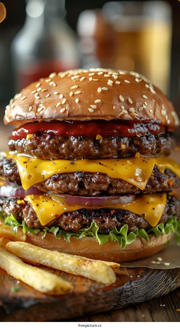 A delicious triple cheeseburger with fries