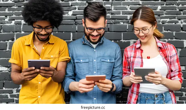 Three Friends Using Tablets In Front Of Brick Wall