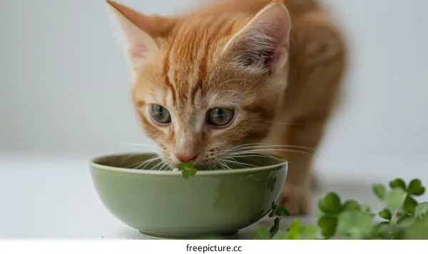 A ginger kitten sniffs a bowl of clover