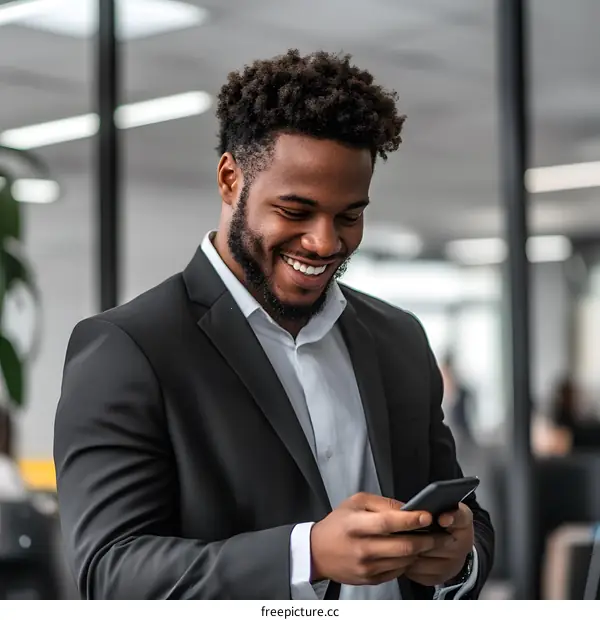Smiling African American Businessman Using Smartphone in Office
