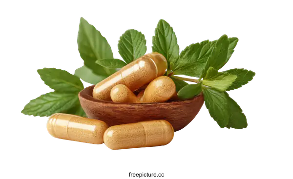 [Transparent Background PNG]Natural Herbal Supplements in Wooden Bowl