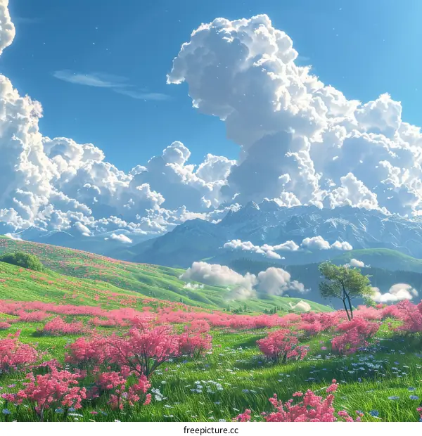 Beautiful Spring Meadow and Mountains Under a Cloudy Sky