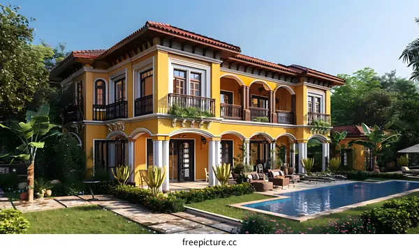 A beautiful yellow villa with a pool