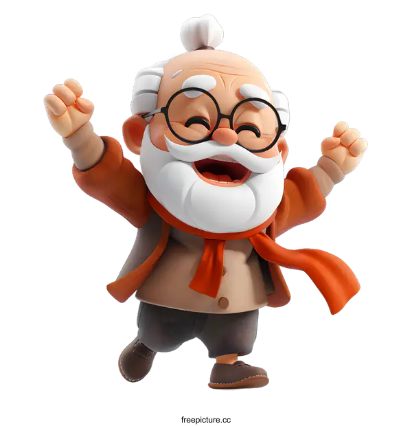 [Transparent Background PNG]Cheerful Cartoon Elderly Man Raising His Hands