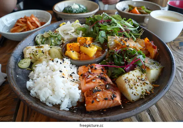 Japanese meal with salmon and white rice on a plate