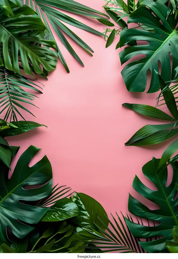 Tropical Leaf Frame on Pink Background