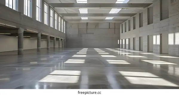 Modern Concrete Building Interior with Large Windows and Natural Light