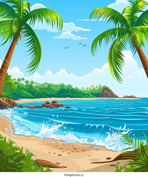 Tropical Beach Illustration With Palm Trees And Ocean Waves