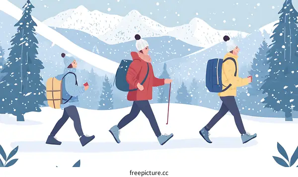 Family Winter Hiking Trip In The Mountains