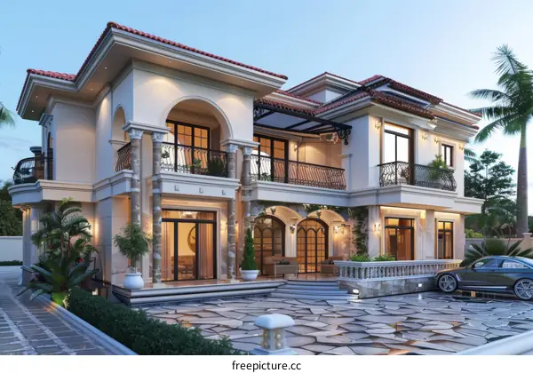 A beautiful house with a pool and a car parked in the driveway.