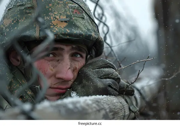 A soldier is taking a break during a military exercise in the winter.