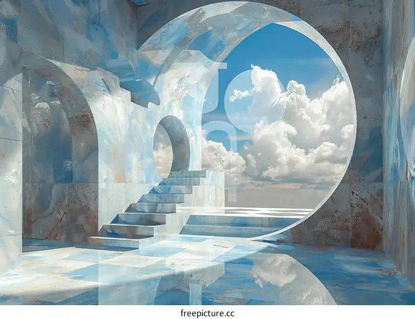 Blue Futuristic Room with Stairs and Circular Window