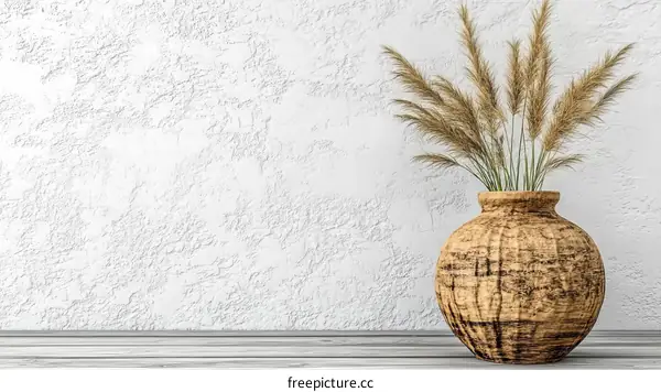 Rustic Vase with Pampas Grass Against a Textured Wall