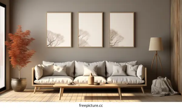 Airy Contemporary Living Room With Tree Art Prints