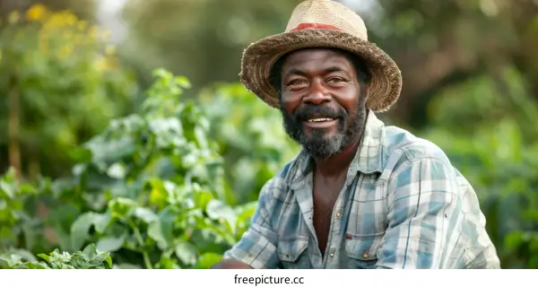 Portrait of a smiling African American farmer in a straw hat