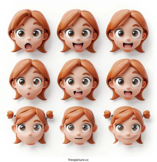 3D cartoon girl heads with different facial expressions