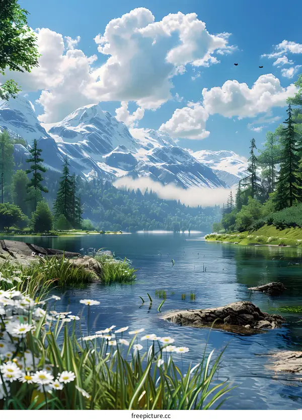 Mountains, lake and flowers