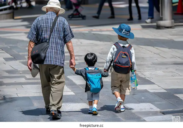 Grandfather Walking with Two Grandsons in the City
