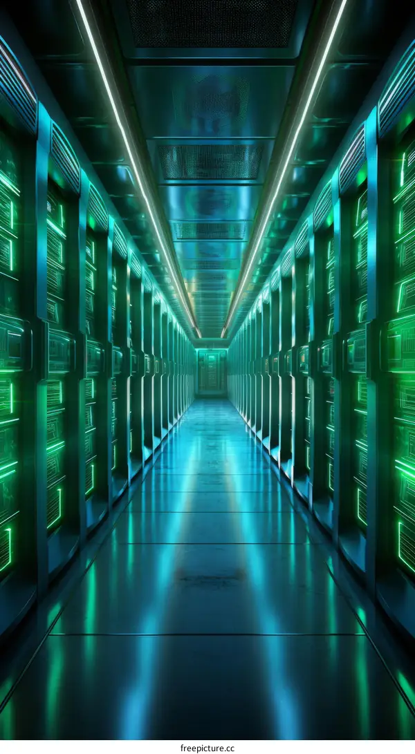 Futuristic server room with green neon lights