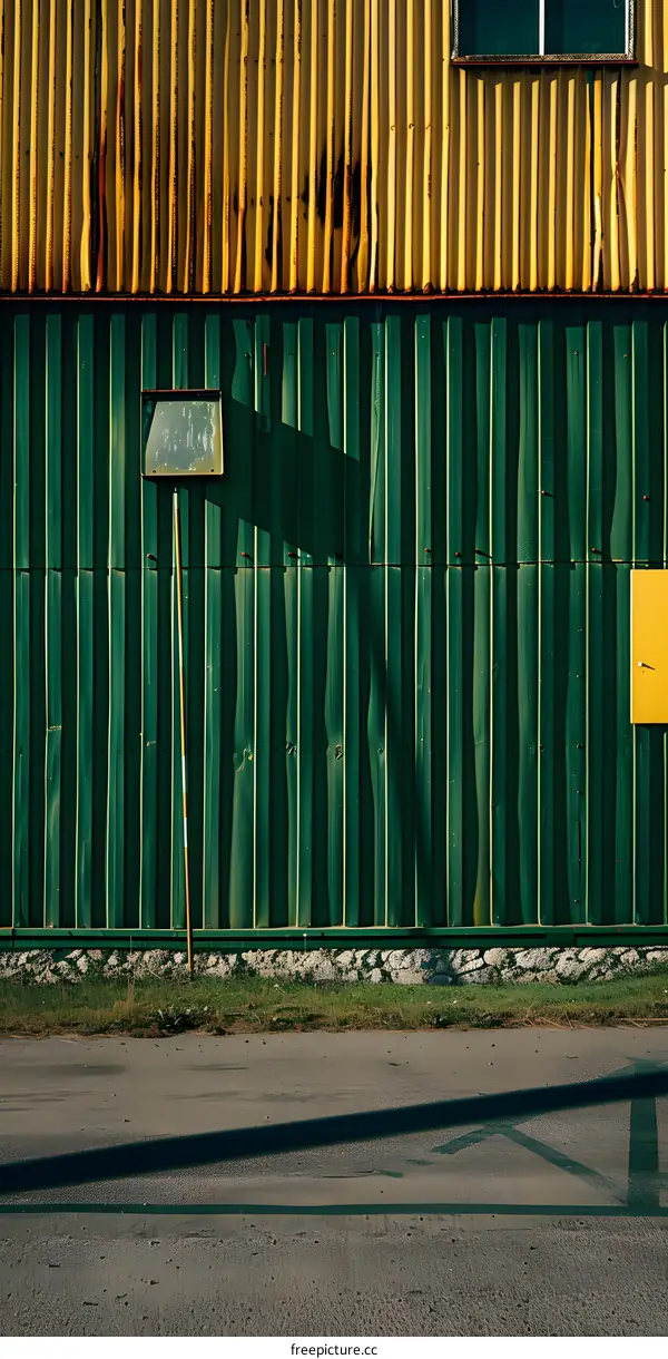 Green and Yellow Industrial Building with a Sign