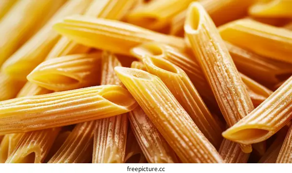 Close-up of a pile of uncooked whole wheat penne pasta