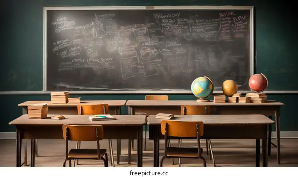 vintage classroom with chalkboard globe books and wooden desks