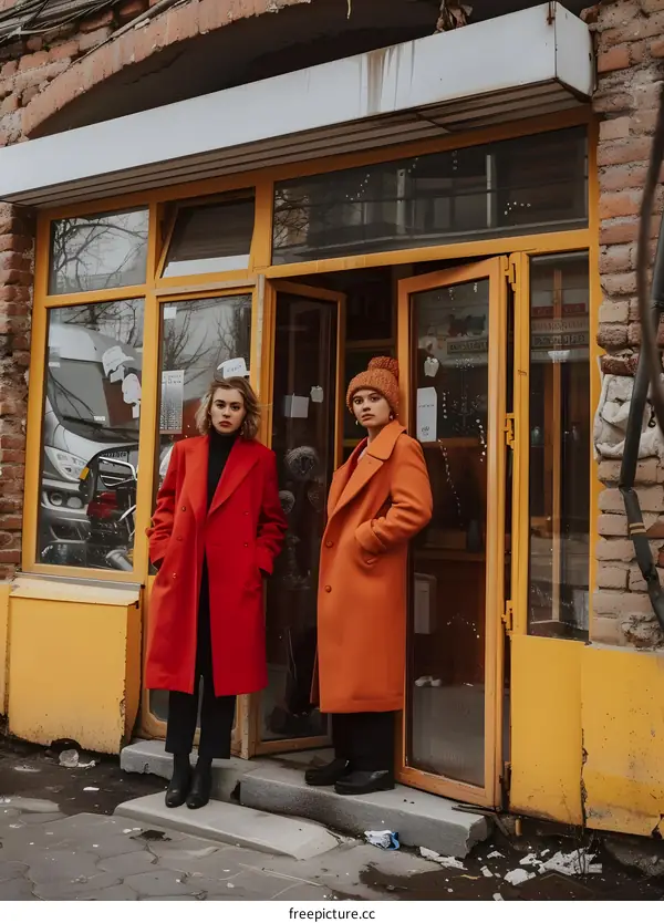 Two Women in Red and Orange Coats Standing in Front of a Yellow Store