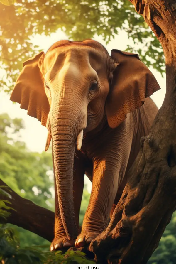 Elephant standing on a tree branch with green leaves in the background