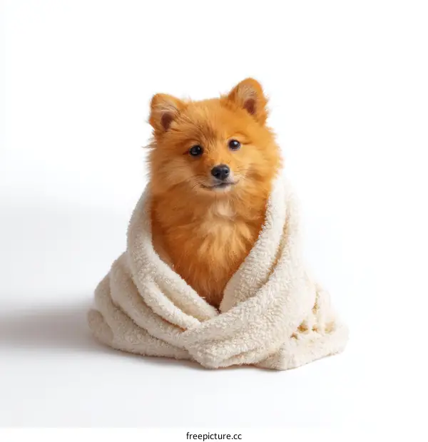 Adorable Pomeranian Puppy Wrapped in a Towel