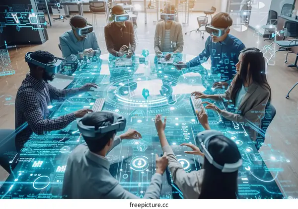 Diverse Team Collaborating with VR Tech at Modern Workspace