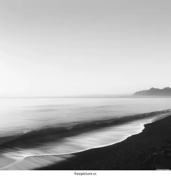 Black and white photo of a beach with a large wave coming in