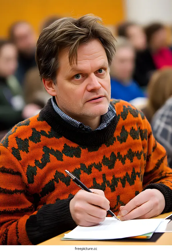 Man in Orange Sweater Writing in Notebook