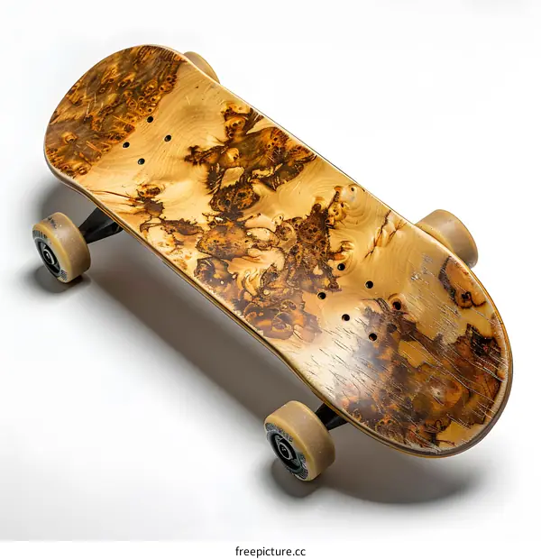 A wooden skateboard with natural wood grain