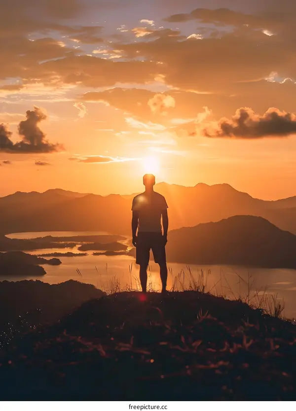 Silhouette of a Man Standing on a Mountain Top at Sunset