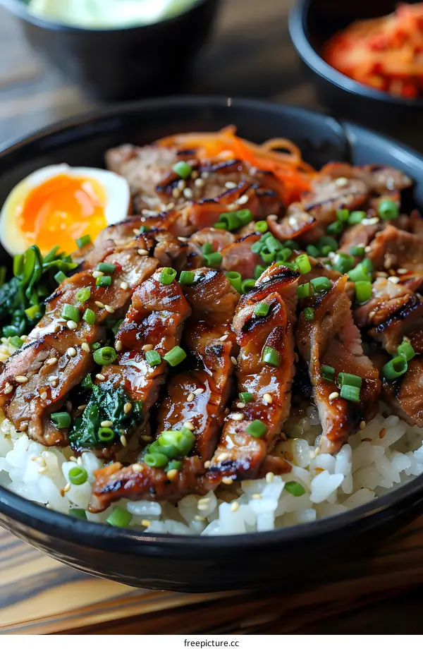 A delicious bowl of gyudon with an egg and kimchi