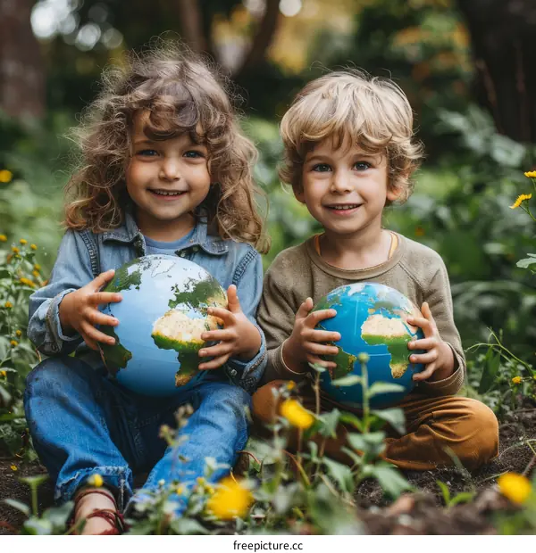Two smiling children holding globes of the Earth in a garden