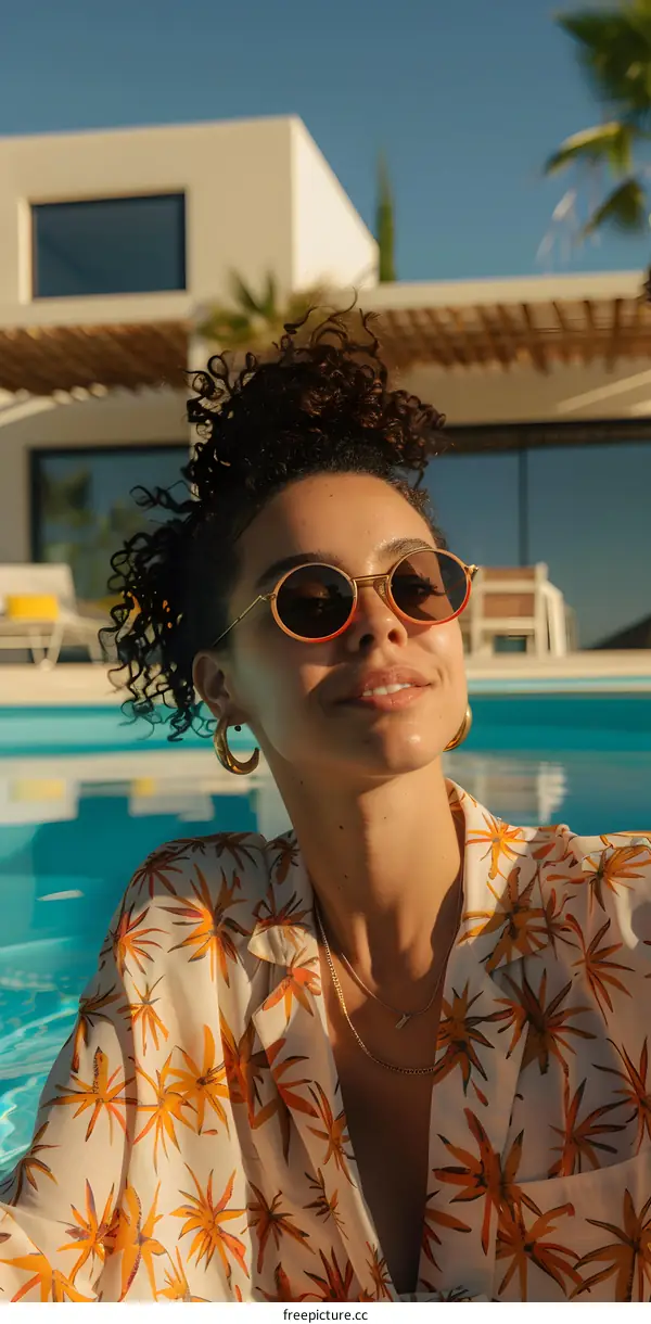 Woman in Sunglasses Relaxing by the Pool