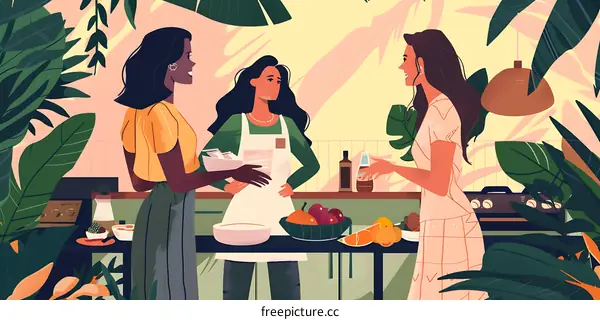 Three Women Friends Talking And Cooking Together In Kitchen