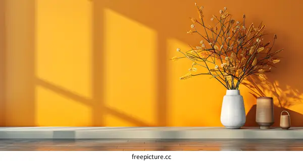 Yellow Wall Minimalist Interior Design with Dried Flowers and Vases