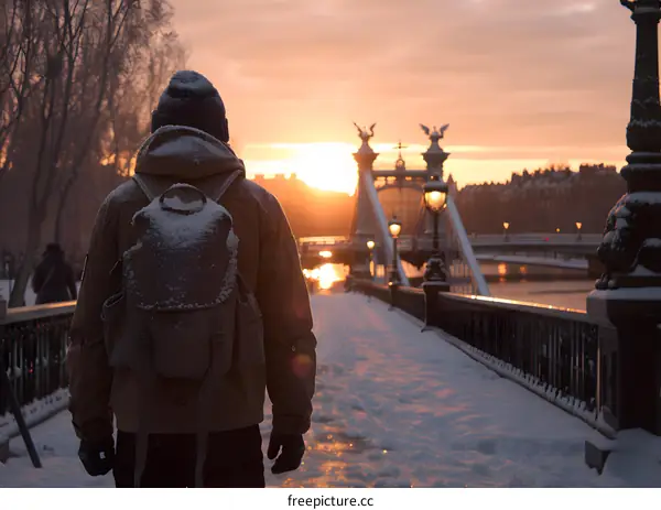 Snowy Bridge with Man Walking Towards Sunset